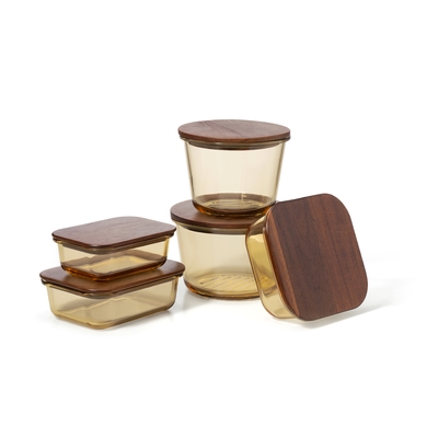 Dishwasher Safe Amber Glass Food Containers Deep Glass Container With Eco Acacia Wood Lid
