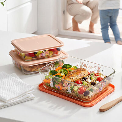 Wadah makanan kaca borosilikat tinggi IKOO dengan warna dan desain tutup yang dapat disesuaikan, tersedia dalam bentuk persegi panjang, persegi, dan bulat.