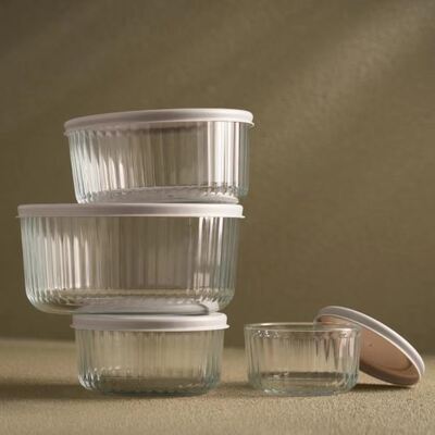 Goede prijs. Lichtgewicht gestreepte glazen voedselcontainer met PE-deksel - Vaatwasserbestendig borosilicaatglas Online