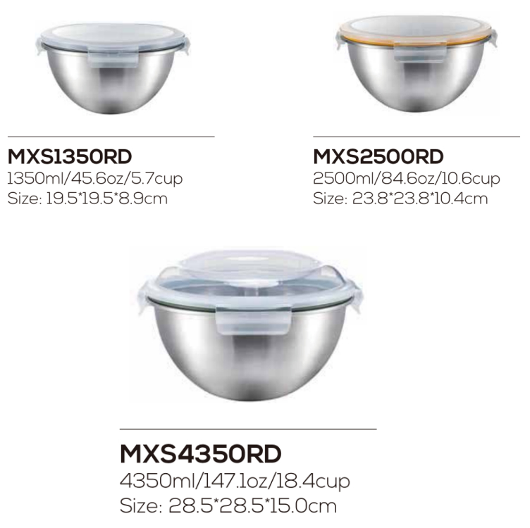 ステンレス鋼のミックスボウルとPPロック蓋 - 3サイズ