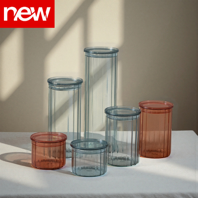 Harga yang bagus IKOO 500ml 1000ml 1500ml Color Sprayed Strip Glass Canister dengan Food-Grade PS Plastic Lid on line