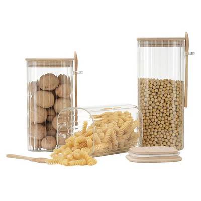 Ribbed Design High Borosilicate Glass Jar with Bamboo Lid for Kitchen Storage and Meal Prep