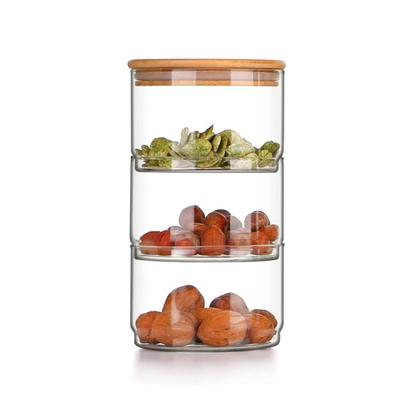 Stackable High Borosilicate Glass Canister with Bamboo Lid for Kitchen Storage 350ml Capacity