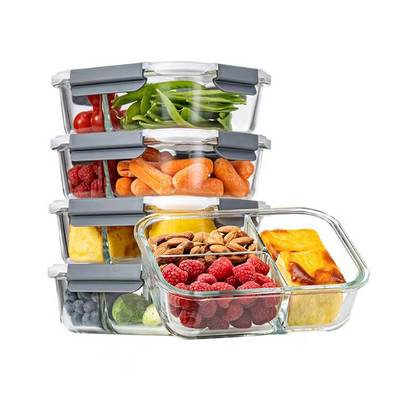 IKOO Glass Meal Prep Containers 2 Compartments Portion Control with Upgraded Snap Locking Lids Glass Food Storage Containers, Microwave, Oven, Freezer and Dishwasher