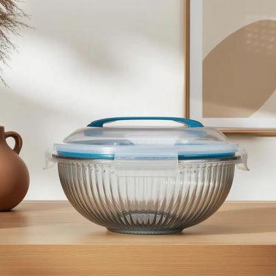Harga yang bagus IKOO 3500ml Striped High Borosilicate Glass Mixing Bowl dengan Tutup PP on line