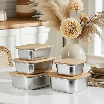 Multifunctional Airtight Freezer Safe Stainless Steel Food Container with Bamboo Lid Reusable Meal Prep Box