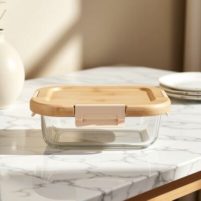 Oven Safe Transparent Glass Food Container with Bamboo Lids and Cool Lock for Secure Food Storage