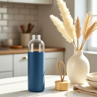 600ml Borosilicate Glass Water Bottle with Bamboo Lid and Protective Silicone Sleeve