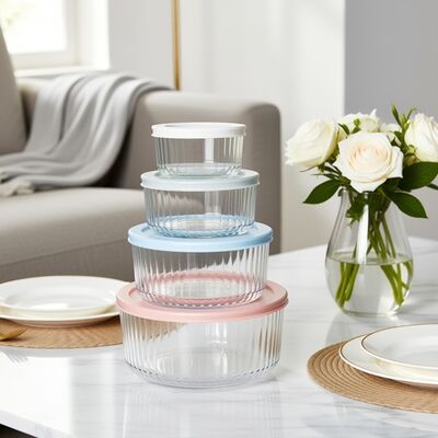 Un bon prix. IKOO 236 ml 472 ml 944 ml Récipient en verre rond côtelé avec couvercle en PE En ligne