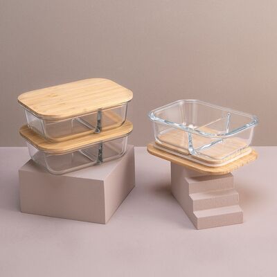IKOO Bamboo Lid Divided Glass Container - Borosilicate Microwave Safe