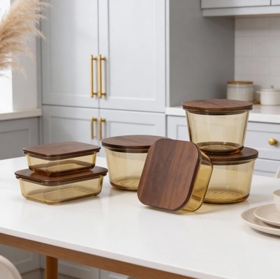 Un buon prezzo. Contenitore per alimenti in vetro borosilicato ad alta resistenza con capacità multiple e coperchio in legno di acacia ecologico resistente alle temperature In linea