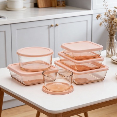 Un buen precio. Contenedor de alimentos de vidrio rociado de color rosa con tapa de PE En línea