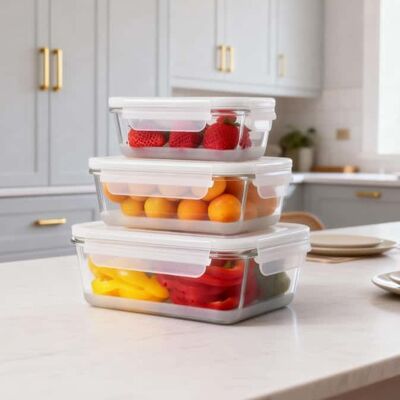 Un buen precio. Contenedor de alimentos de vidrio de borosilicato de alta calidad con tapas herméticas y apto para microondas para preparación y almacenamiento de comidas En línea