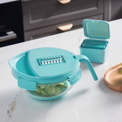 IKOO 2000ml Capacity Borosilicate Glass Salad Bowl with 5-in-1 Grater Set and Non-Slip Silicone Base for Multifunction Food Prep