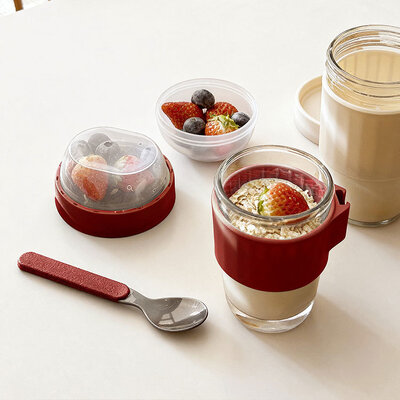 Un buen precio. Contenedor de preparación de comidas de vidrio de alto borosilicato con tapa a prueba de fugas y separación seca y húmeda para avena y yogur durante la noche En línea