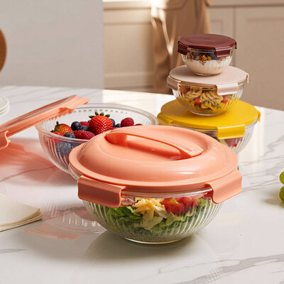 Giá tốt. IKOO 3500ml Striped High Borosilicate Glass Mixing Bowl với nắp PP trực tuyến