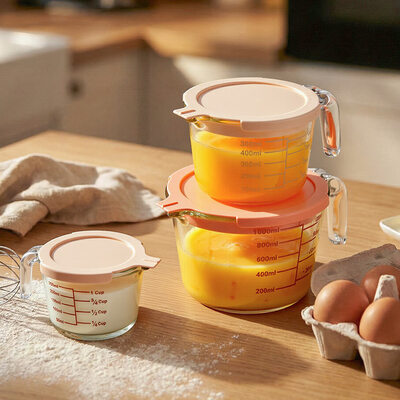 Un buon prezzo. IKOO 6 pezzi coppe da misura in vetro con coperchio set 1-Cup, 2-tazza, 4 coppe di misura con manico, nidificazione liquido coppe da misura per cucina In linea