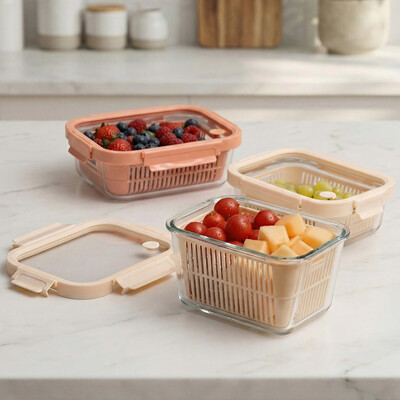 Airtight Borosilicate Glass Food Storage Container with Removable Colander and Microwave Safe Vented Lid