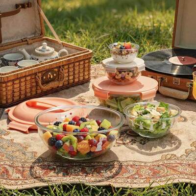 Un buen precio. Juego de cuencos mezcladores de vidrio de borosilicato apilables con tapas y rango de temperatura de -40°C a 560°C para uso en la cocina En línea