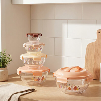 Un buen precio. Juego de cuencos mezcladores de vidrio de borosilicato apilables con tapas y rango de temperatura de -40°C a 560°C para uso en la cocina En línea