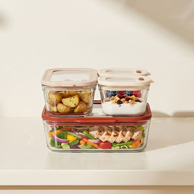 IKOO LFGB/FDA Certified Private Label Modular Design 4 Pack  Glass Storage Containers with Glass Lids