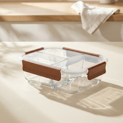 Leak-Proof Bento-Style Borosilicate Glass Food Container with Airtight Lid and Divided 3-Compartment Design for Supermarkets & Department Stores